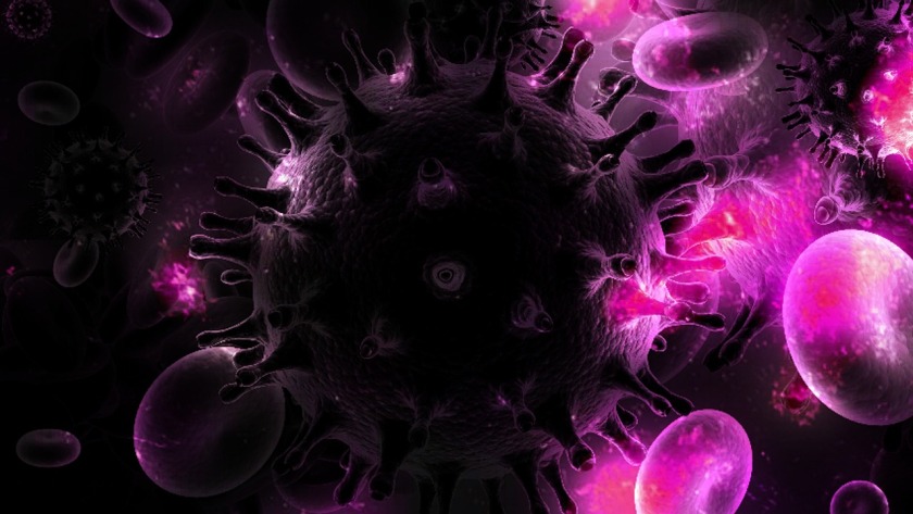 a drawing of an HIV viral particle surrounded by blood cells and coloured with dark purple and brighter patches of fushia