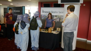 Some kids stood at a table I ran with the Merseyside Skeptics Society at Big Bang North West science fair in 2014